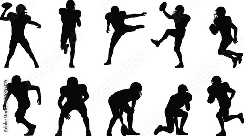 American football player silhouettes collection featuring quarterback throwing, kicker kicking, wide receiver catching, and players in various action poses.