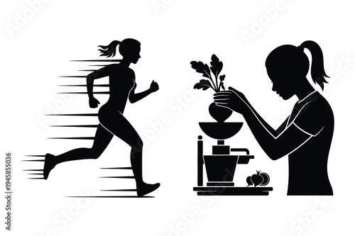 Fitness & healthy eating: running woman and juicing beetroot silhouett
