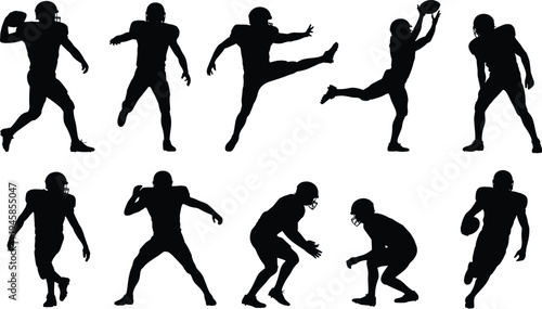 American football player silhouettes collection showing quarterback throwing ball, kicker kicking, receiver catching, and defensive players in action.