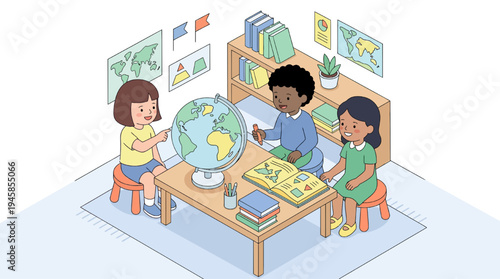 Students learn geography in a classroom with a globe and books