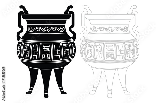 Ancient chinese bronze ding tripod vessel silhouette icon design