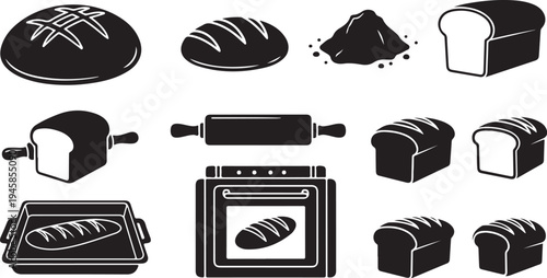 Black and white bread baking icons and symbols set