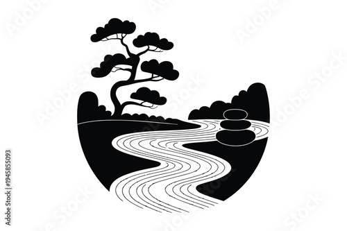Zen japanese garden silhouette: bonsai tree river stones illustration