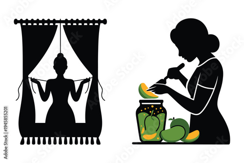 Woman peeking through curtains and preparing fruit