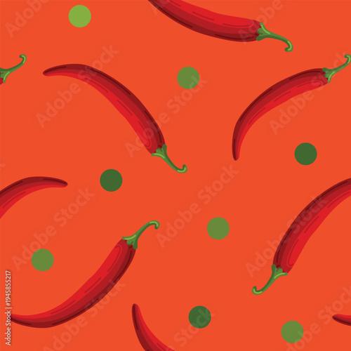 Red hot spicy chilli pepper vector illustration capsicum vegetable seamless pattern polka dot fun creative