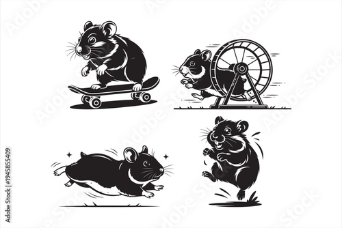 Hamster Silhouette Vector Set, Cute Pet Hamster Collection, Hamster Sitting, Eating, Running Animal Illustration Pack, hamster silhouette, hamster vector, hamster illustration, pet hamster silhouette