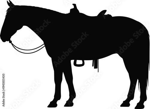 Saddled horse silhouette, western riding horse illustration, ranch farm animal vector, equestrian equipment saddle, cowboy transport animal design