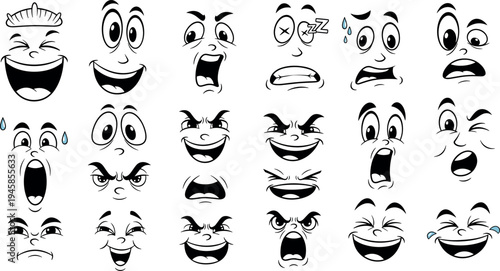 Cartoon Facial Expressions Vector Set with Funny Emotions Eyes Mouth Reactions Laugh Cry Angry Surprise Illustration