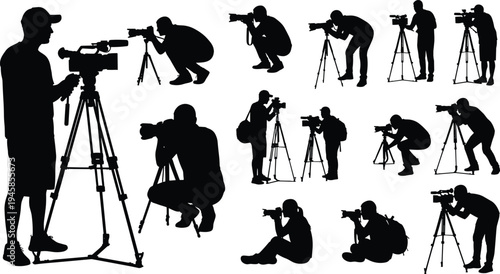 Professional male photographer using tripod taking picture of young woman in long dress isolated on white background, studio photography session.