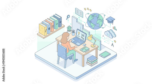 Student studying in an isometric education learning environment at school
