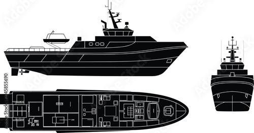 Luxury motor yacht blueprint silhouette set, boat technical plan top side front views, marine vessel vector illustration