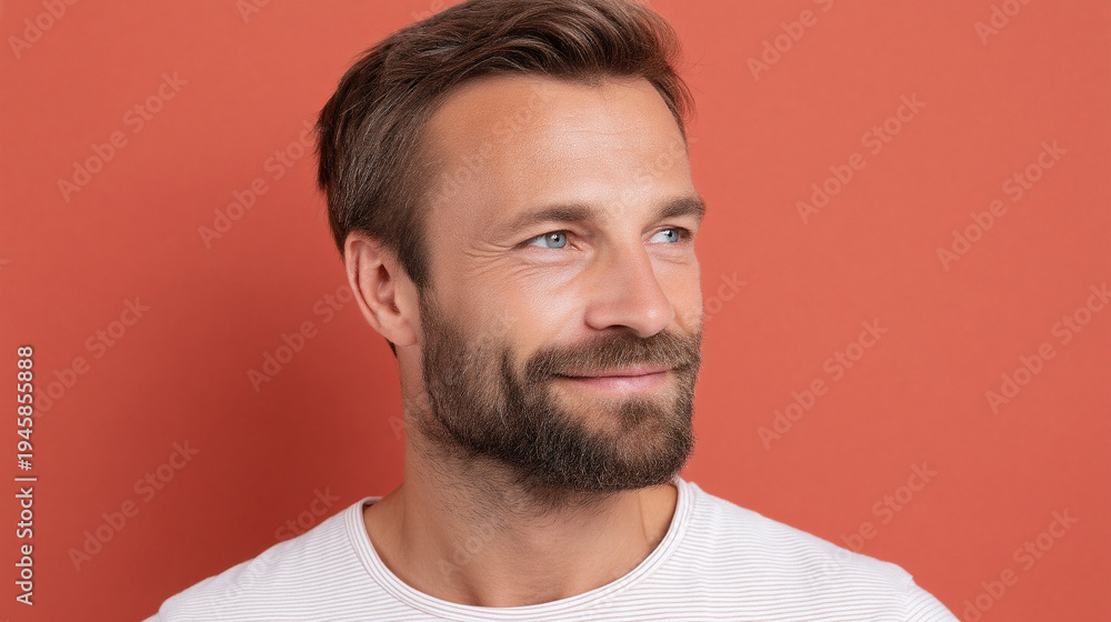 Fototapeta premium Calm confident man with goatee warm coral background portrait smiling thoughtful gaze