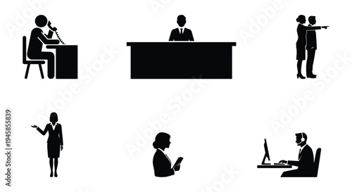 A set of six black vector illustrations depicting various receptionist and business scenes, including people working at desks, on phones, and interacting, on a white background, ideal for business