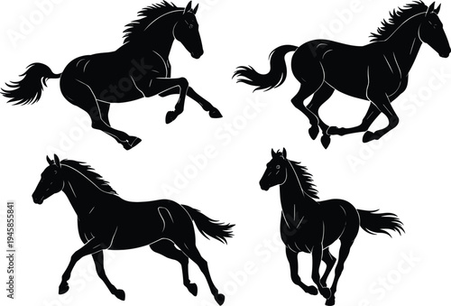 Running horse silhouettes collection, wild galloping stallion vector set, powerful equine animal illustration, farm ranch horse motion design