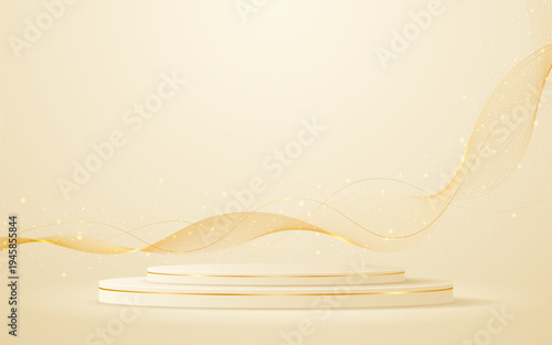 Cream podium with elegant gold wave lines on the back for advertisement display. Display of cosmetic products. Stage or podium. vector illustration