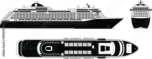 Luxury cruise ship blueprint illustration, passenger ocean liner with side front and top views isolated on white background