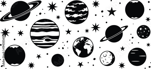 Celestial planets stars moons silhouette illustration design, astronomy artwork concept, solar system theme, cosmic symbol, space exploration graphic style image