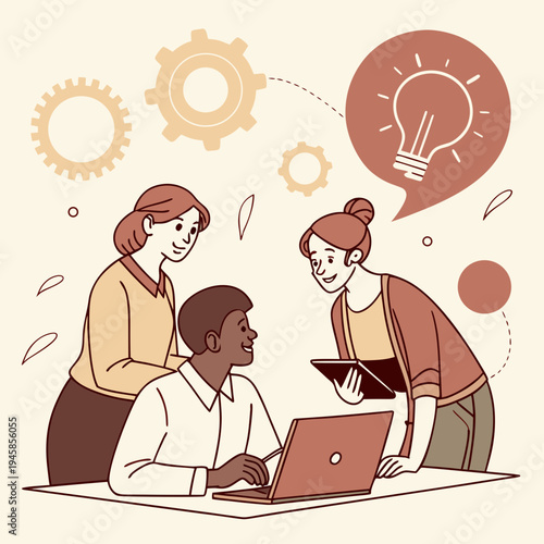 A loving couple of a man and woman work on a laptop surrounded by a hand drawn vector illustration of a happy family with a mother, father, child, and baby