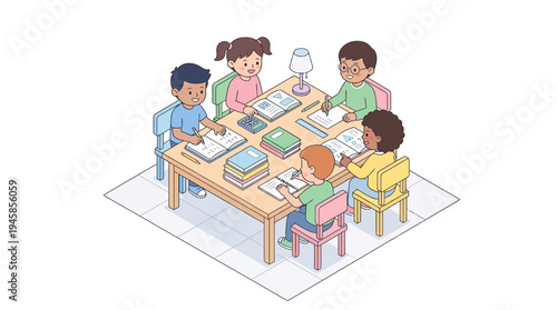 Students engaged in education learning activities at a school study table