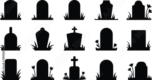 Collection of tombstone silhouettes and cemetery gravestone icons with grass and flowers for spooky Halloween designs and funeral concepts,