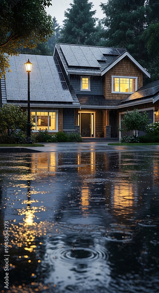 Fototapeta premium Modern house with solar panels on roof during rainy evening with warm interior lights on