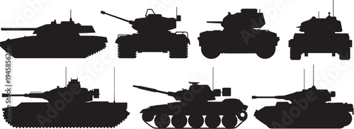 Military armored vehicle silhouettes set, tank and combat transport collection, army weapon vehicle vector illustration