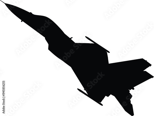 Silhouette fighter jet aircraft, military aviation design, modern warplane illustration, diagonal orientation, twin stabilizers, swept wings, ordnance tanks, defense art