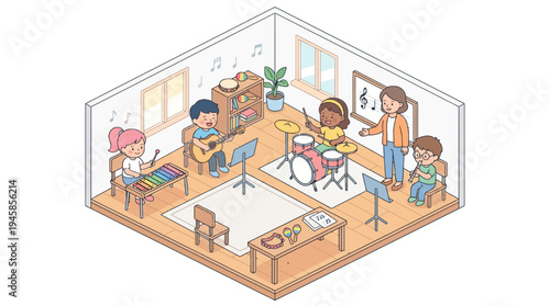 Students learn music education in classroom with teacher and instruments