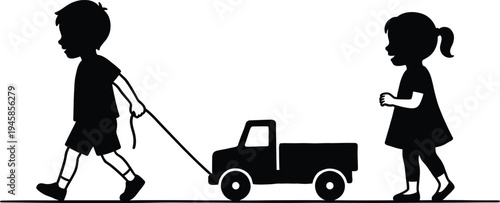 children pulling toy truck, kids playing silhouette, childhood teamwork concept, playful activity scene, brother sister cooperation, happy childhood moment, kids outdoor play