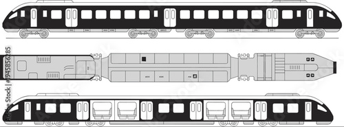 Modern passenger train blueprint set, high speed railway cars with side and top views isolated on white background