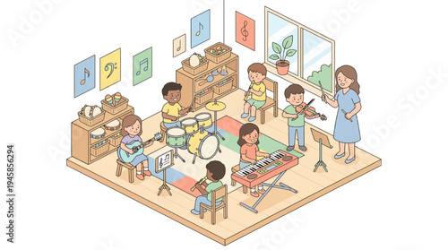 Students engage in music education with teacher in classroom setting