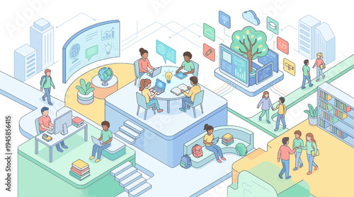 Students engage in collaborative education learning activities in a modern school vector illustration