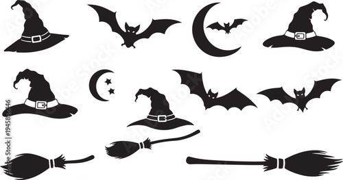 Halloween icons including witches hats and flying bats silhouette