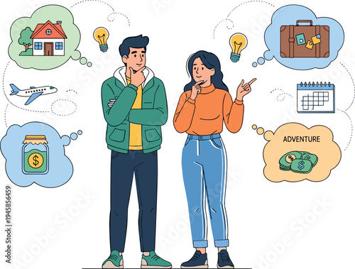 Couple Discussing Life Plans Vector Illustration with Travel Home Savings Adventure Goals and Future Decision Concept
