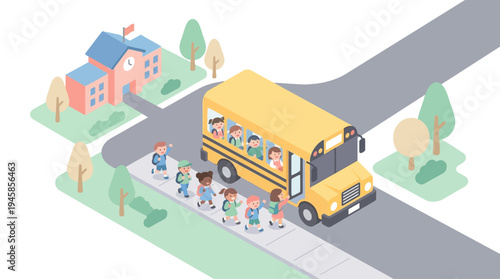 Students get on a school bus for education outside a school building