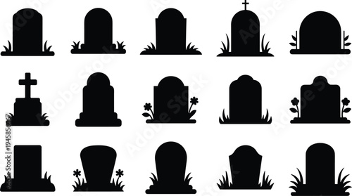 Collection of tombstone silhouettes and cemetery gravestone icons with grass and flowers for spooky Halloween designs and funeral