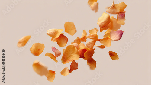 Soft orange rose petal fragments drifting in warm air, delicate texture and gentle motion creating elegant, airy composition with subtle pink edges and soft neutral background
