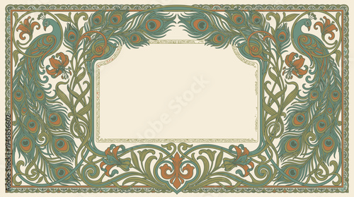 Ornate art nouveau frame featuring majestic peacocks, flowing feathers, and stylized botanical elements around a central text area.