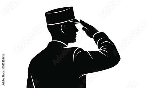 Silhouette of a man in military uniform saluting isolated on white background