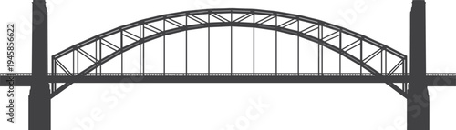 Steel arch truss bridge silhouette, civil engineering design, architectural structure with towers, transport infrastructure artwork, urban architecture concept, vector drawing illustration