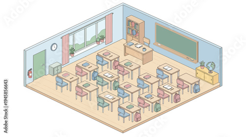 Isometric classroom scene with students studying and teacher educating in a school setting