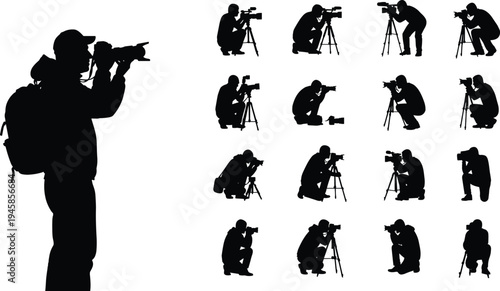 Silhouette set of professional photographers and videographers with cameras, tripods, backpacks, filming, taking photos, media production, journalism, creative photography, video.