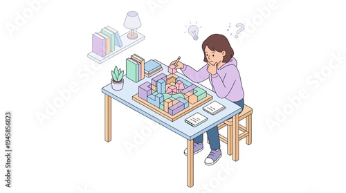 student sitting at desk with educational toys and books studying