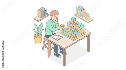 Student engaged in interactive educational activity with blocks at a desk