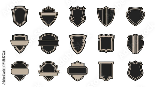 Collection of shield shaped badges and emblems on black background