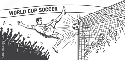 Vector illustration of a soccer player scoring a goal with a bicycle kick. Dynamic line art composition featuring cheering fans and a football net. Banner design for World Cup Soccer vector black and 