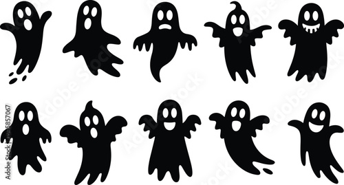 Cute spooky ghost silhouette collection set, halloween flying spirits icons, vector flat design elements, scary phantom characters, isolated illustrations,