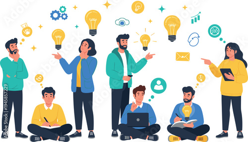 Creative Team Brainstorming Ideas Vector Illustration with Lightbulb Innovation Collaboration Technology Thinking and Startup Concept
