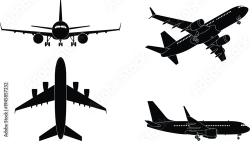 Passenger airplane silhouettes set, commercial jet aircraft from different views isolated on white background, aviation transport vector