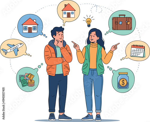 Couple Planning Future Goals Vector Illustration with House Travel Savings Ideas Life Decisions and Financial Planning Concept